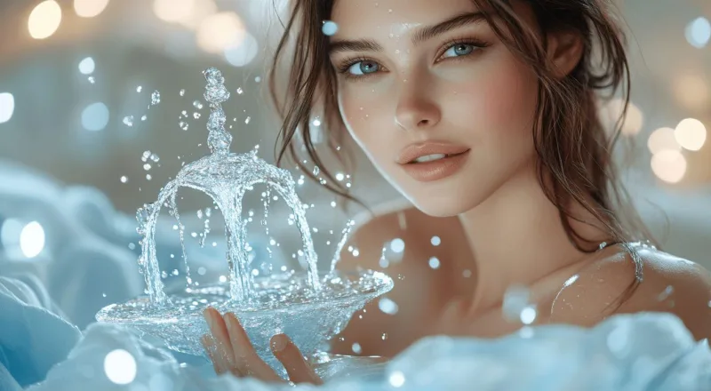 Jeune femme élégante tenant une fontaine d'eau scintillante