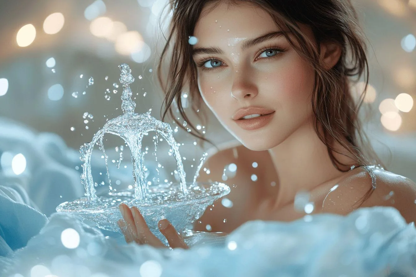 Jeune femme élégante tenant une fontaine d'eau scintillante