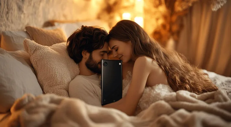 Couple enlacé près d'un smartphone dans une lumière chaleureuse