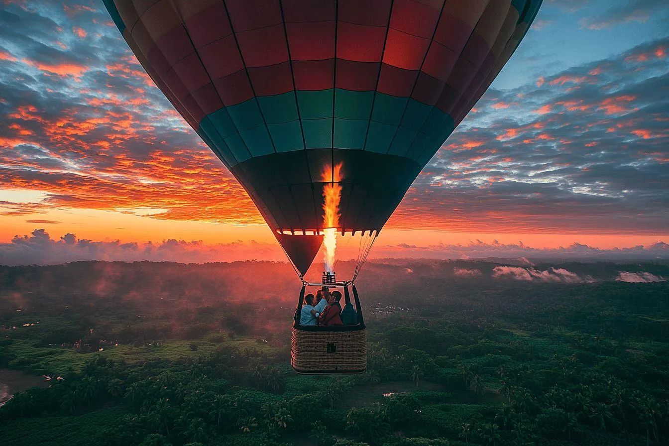 Montgolfière volant au-dessus d'une forêt au petit matin