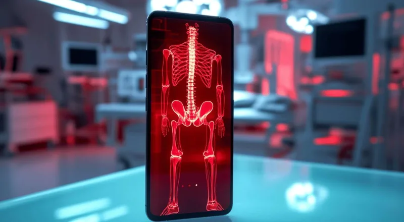 Smartphone affichant un squelette rouge dans un environnement médical